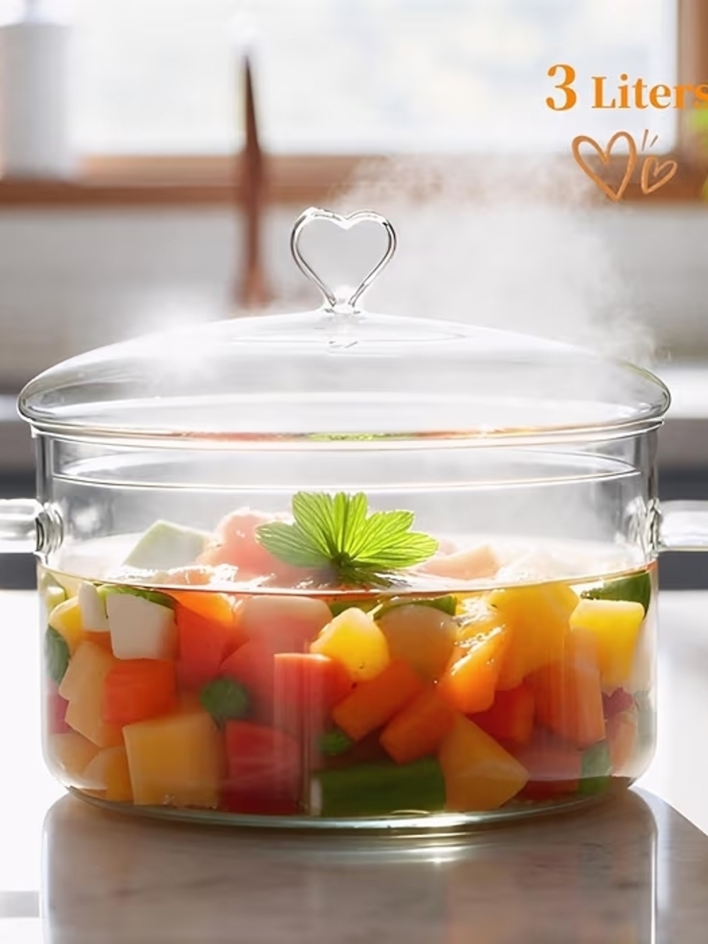 3-Liter Clear Glass Cooking Pot WITHOUT LID- No Lid - Clear